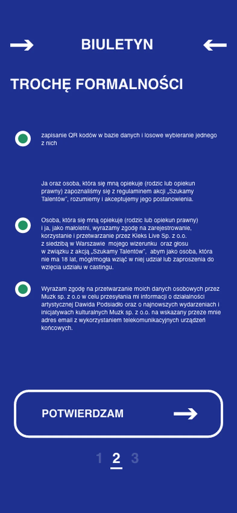 Ekran zgód, krok drugi z trzech
