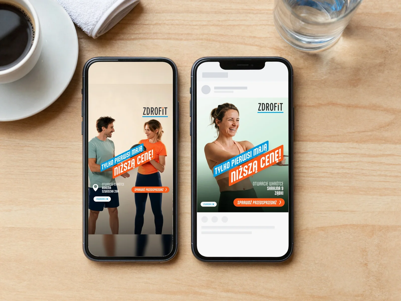 Wizualizacja: story i post 4:5 w feedzie na dwóch telefonach