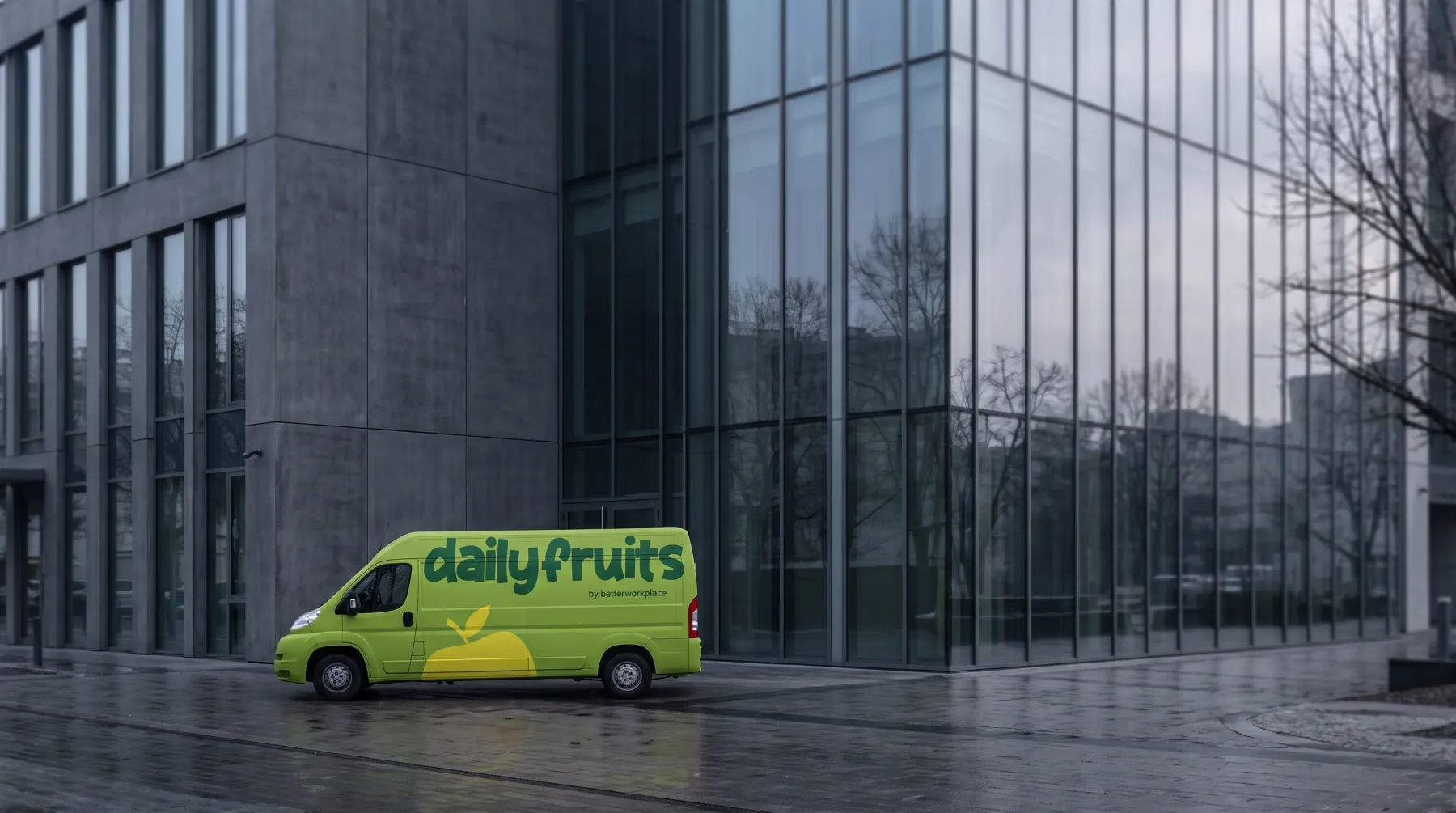 The same mark at the largest size: the van outside an office building