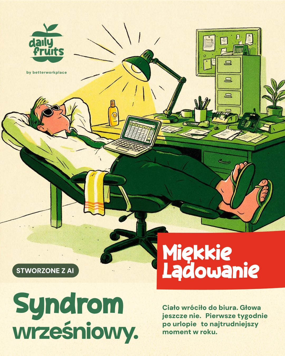 Comic ad: September syndrome, still on a sunbed at the desk