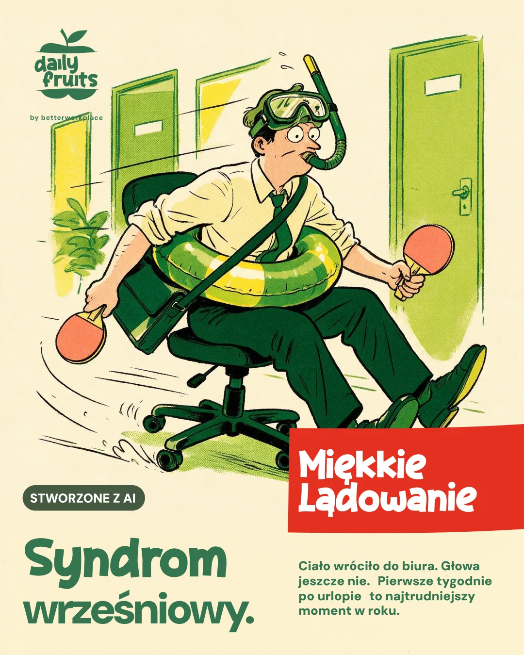 Comic ad: September syndrome, snorkel and swim ring in the office