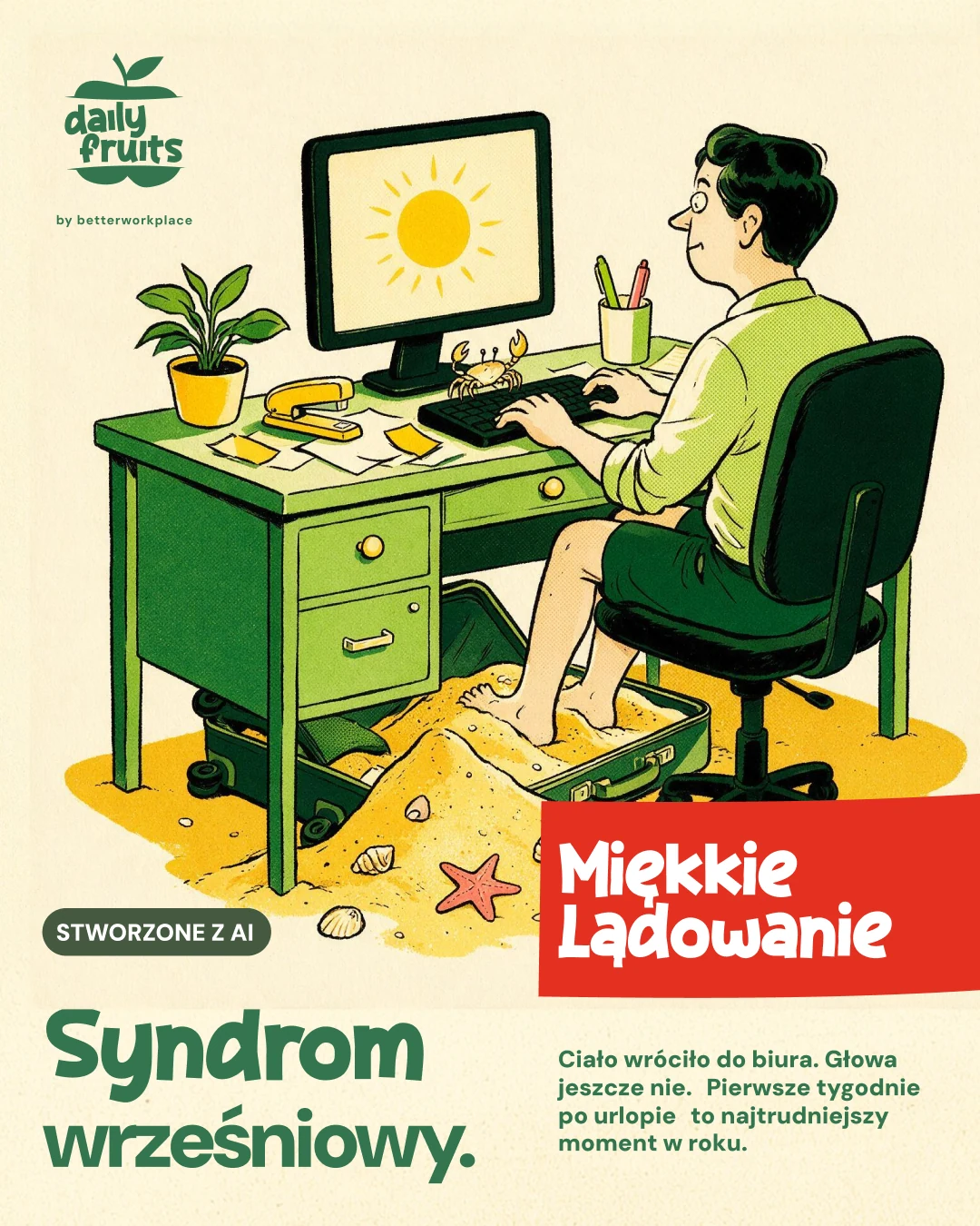Comic ad: September syndrome, feet in the sand under the desk