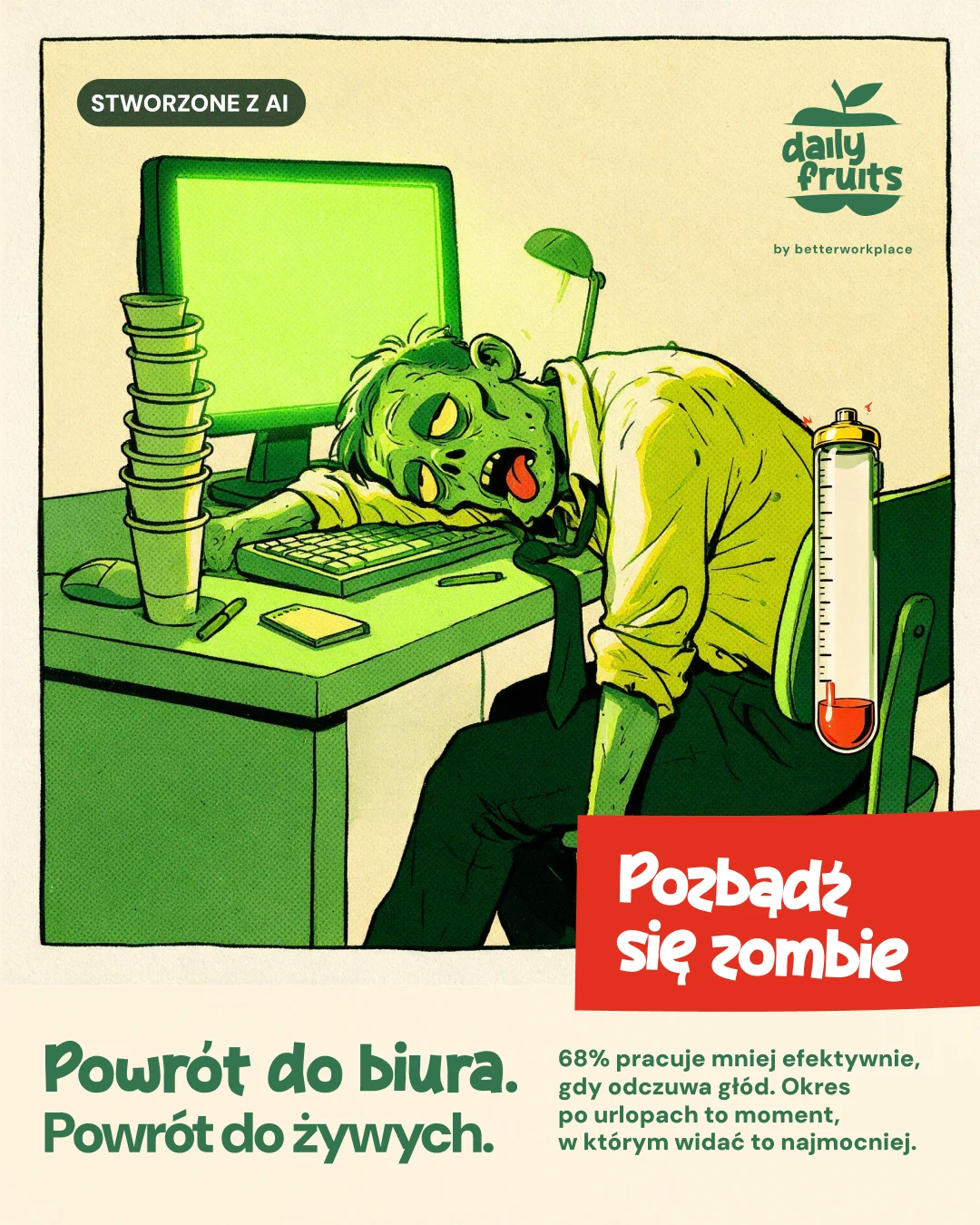 Comic ad: Back to the living, an office zombie asleep on the keyboard