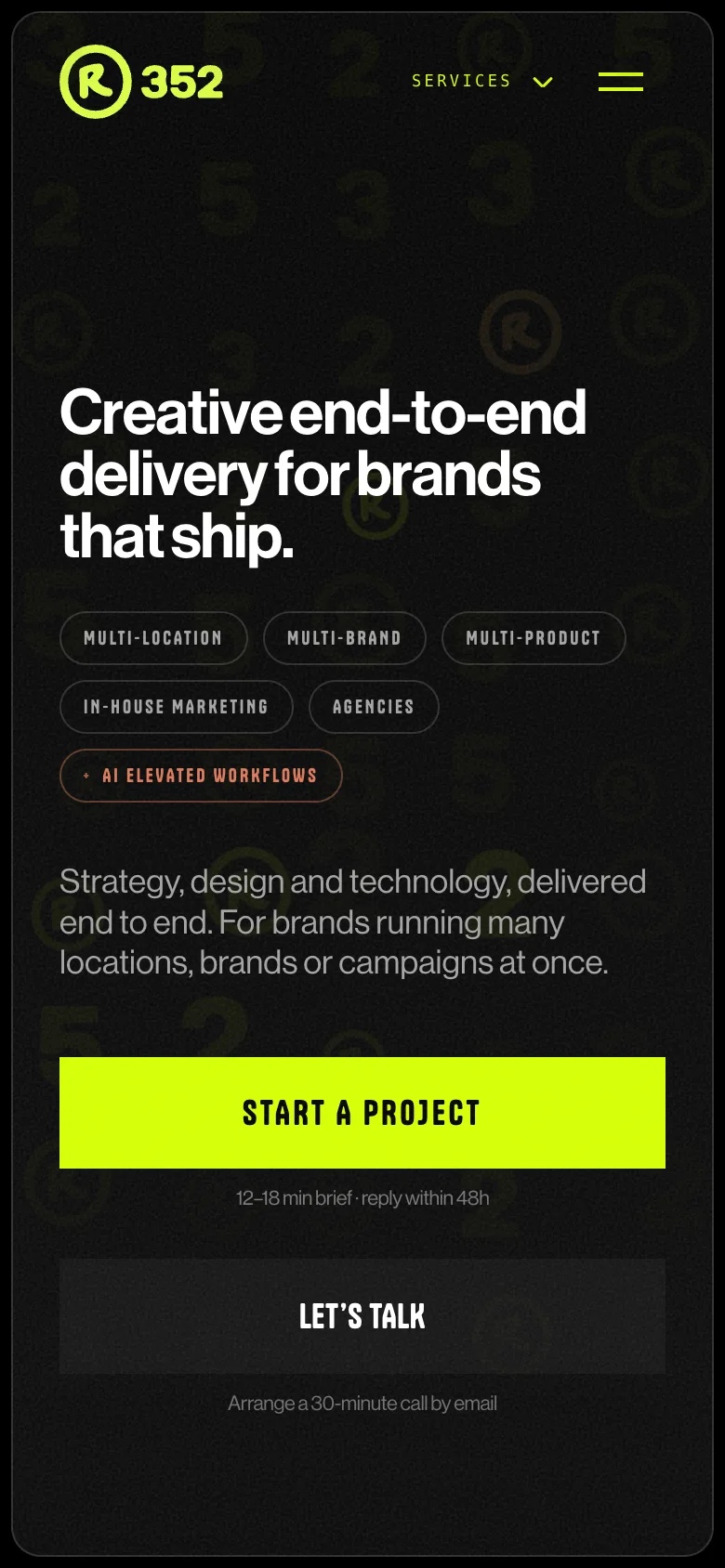 Home page on a phone: headline, audience tags and two calls to action