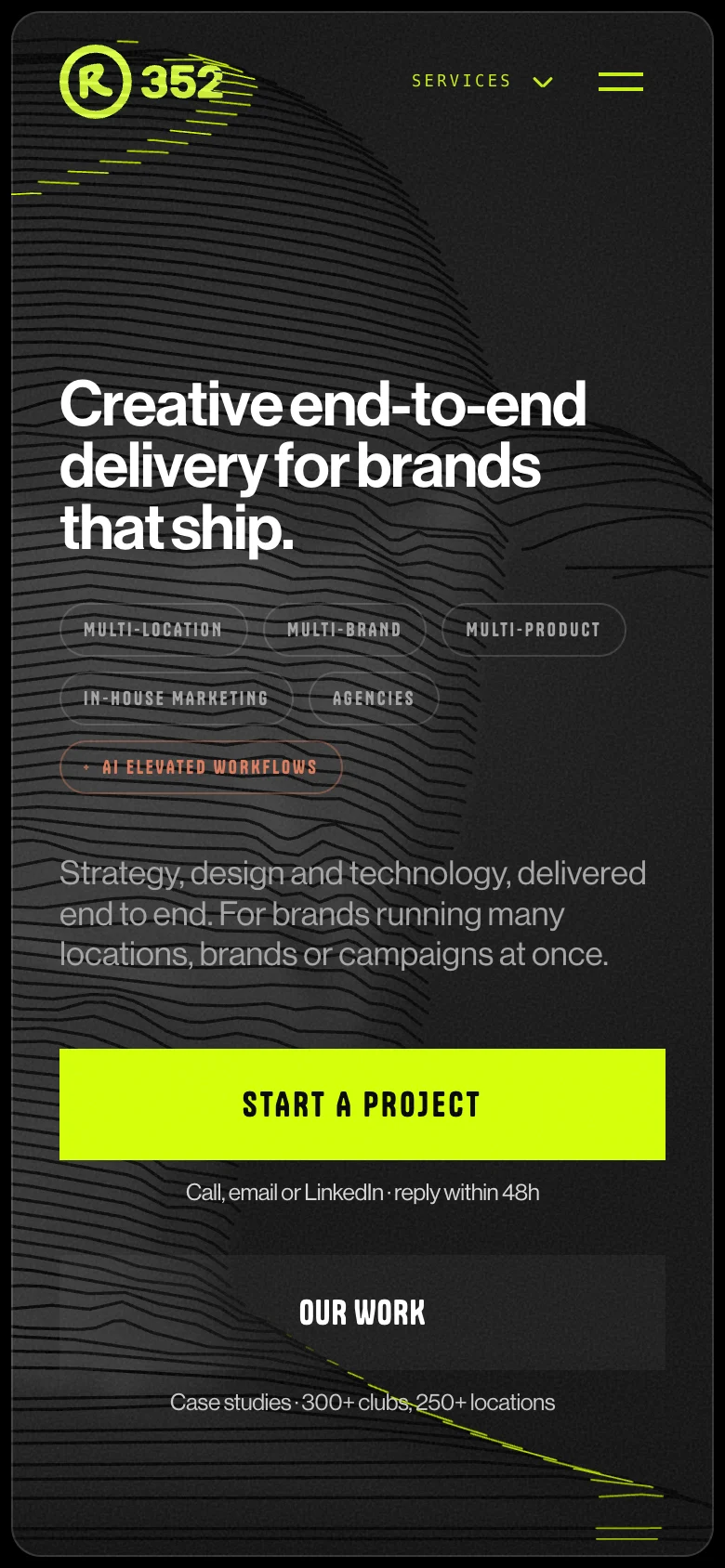 Home page on a phone: headline, audience tags and two calls to action