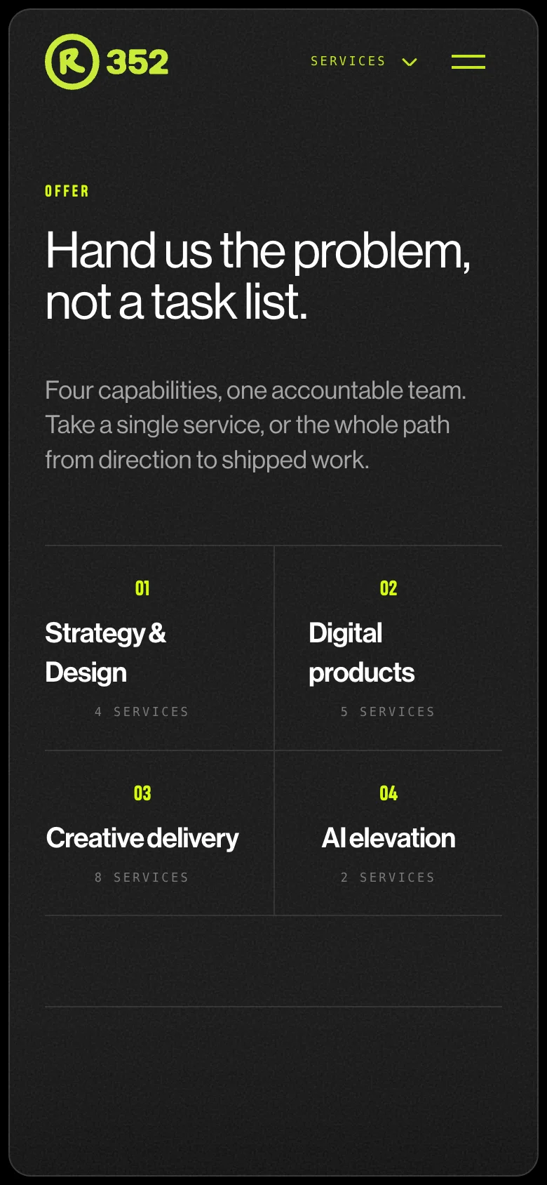 Services page on a phone with a four-part jump grid