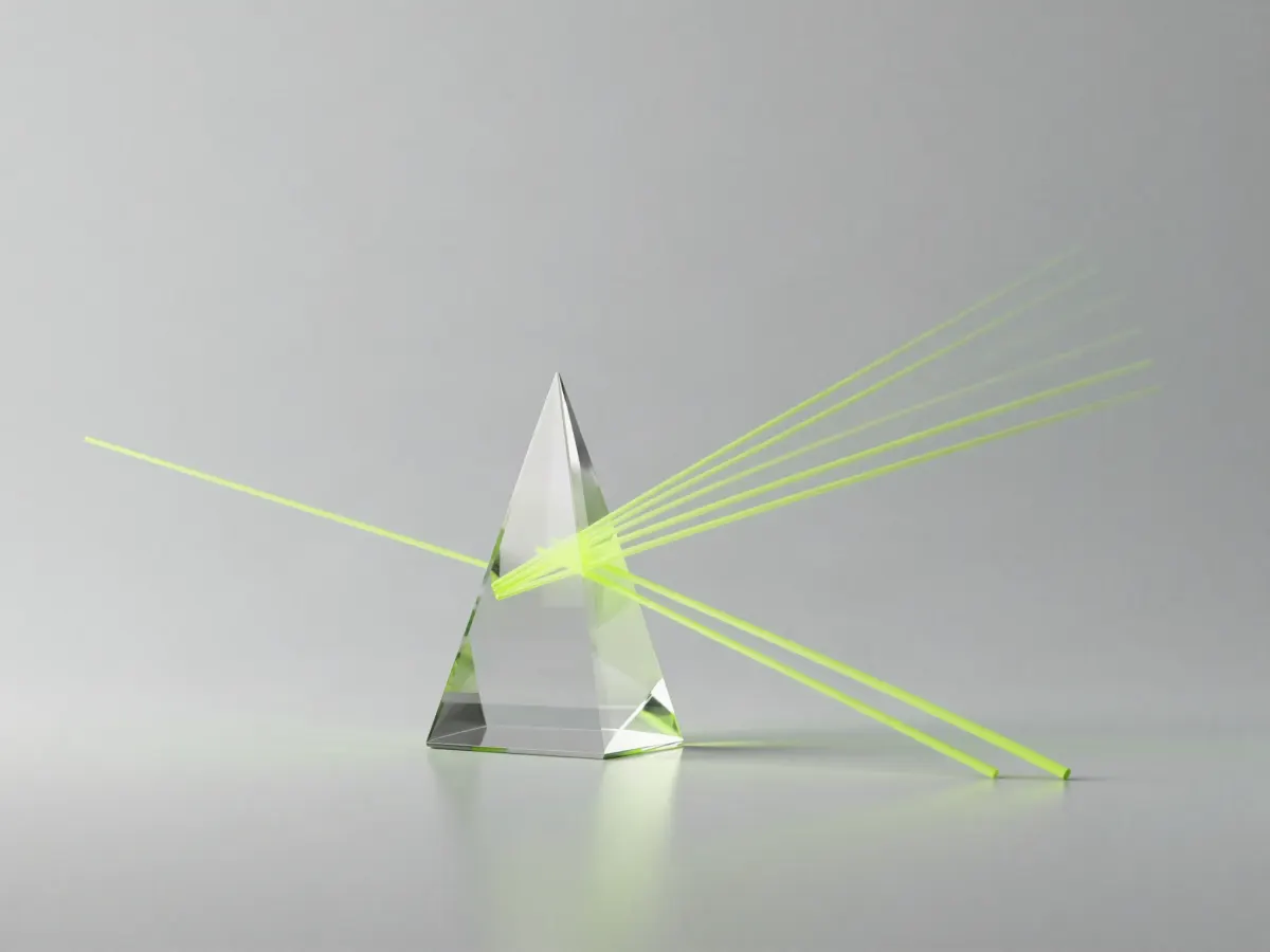 A glass prism splitting one lime beam into many