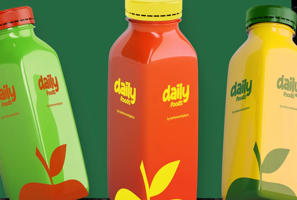 Juice bottles in three colours of the identity