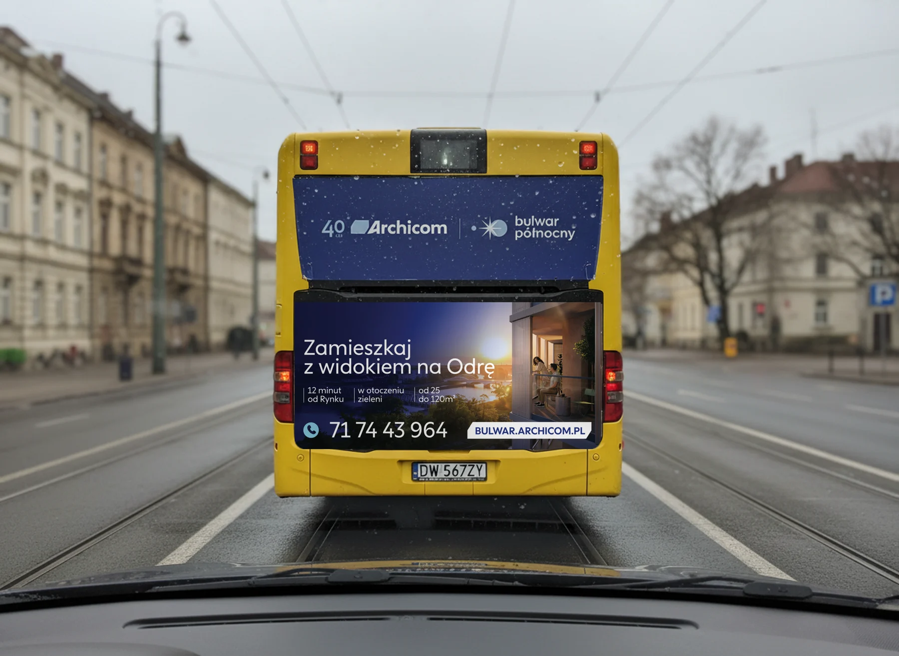Tył autobusu Bulwaru Północnego w ruchu, wizualizacja