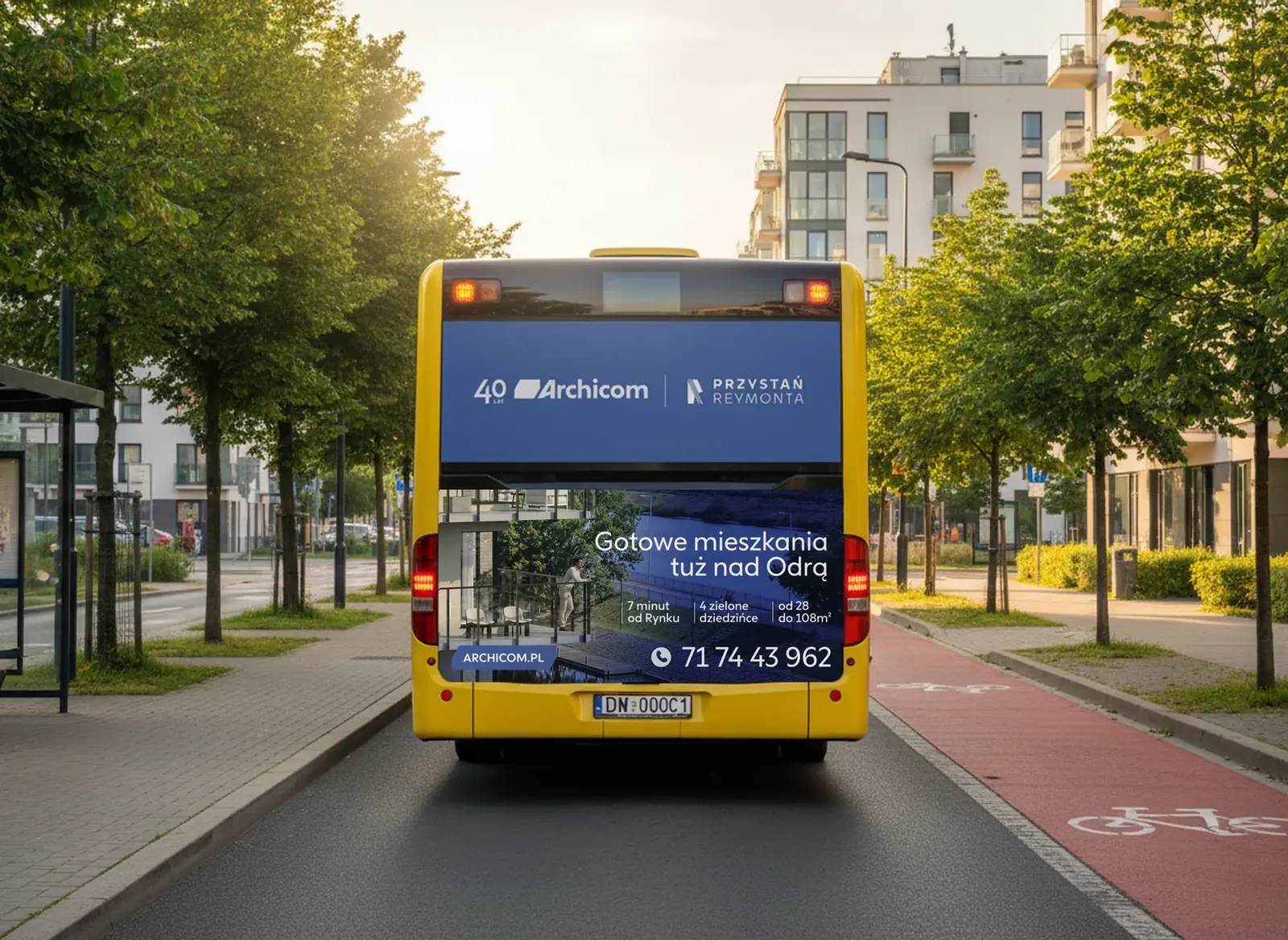 Tył autobusu Przystani Reymonta w ruchu, wizualizacja