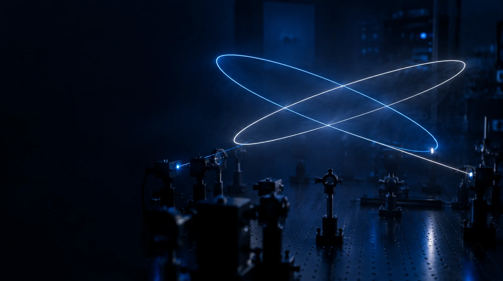 Two laser beams tracing crossed orbits above an optical table in a dark lab